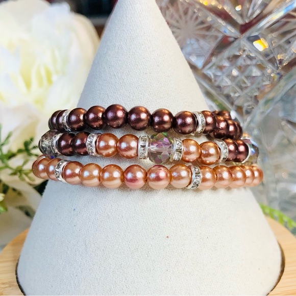 Stretchy Bracelets Set Of 3 Brown Bronzed Tan Bling Rhinestones Y2K Adjustable - Picture 4 of 6